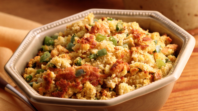 A bowl of cornbread stuffing served in a dish