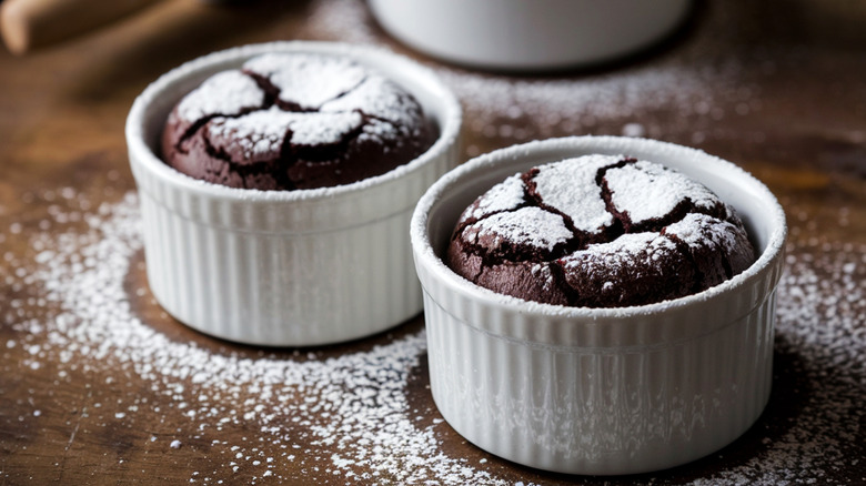 Properly risen chocolate soufflés in two ramekins.