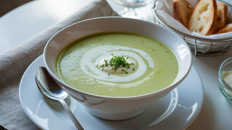 A bowl of vichyssoise soup with chives on top