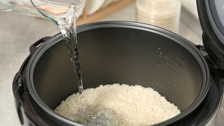 pouring out measured water into rice cooker