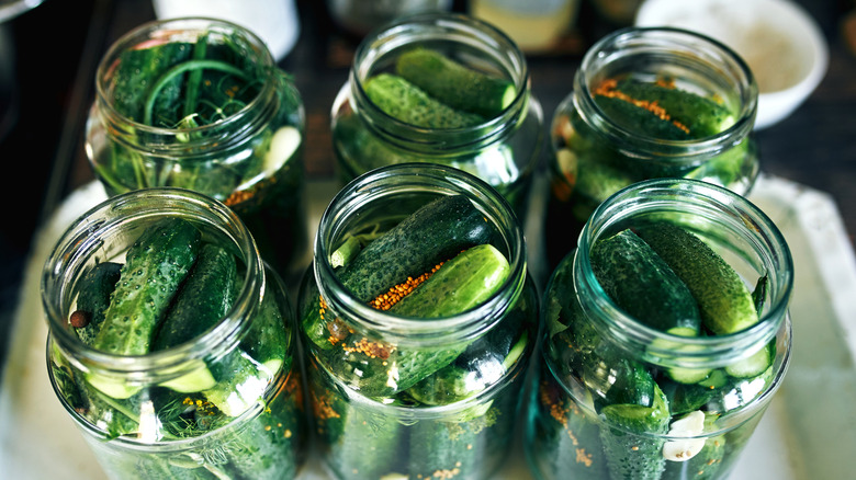 six open jars consisting of cucumbers ready to be pickled