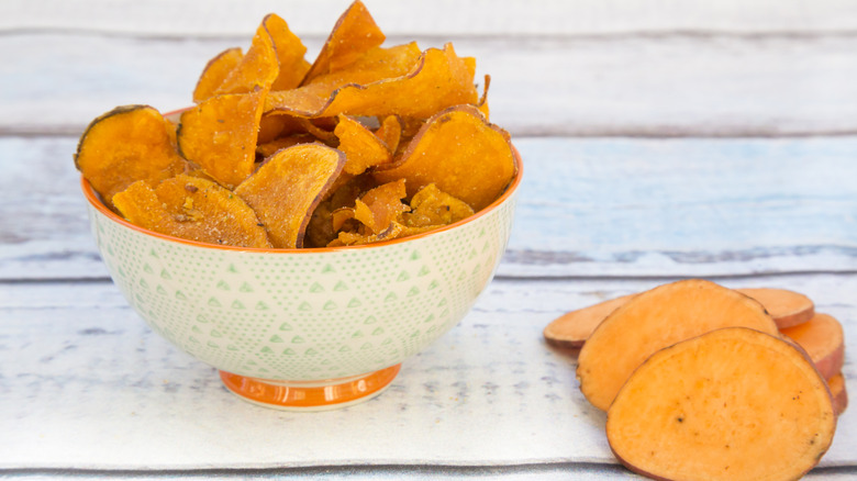 Sweet potato chips in a white bowl