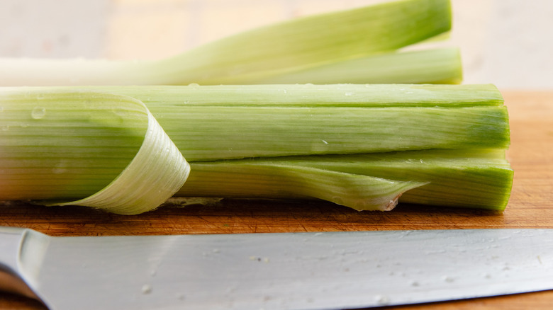 A leek cut lengthwise.