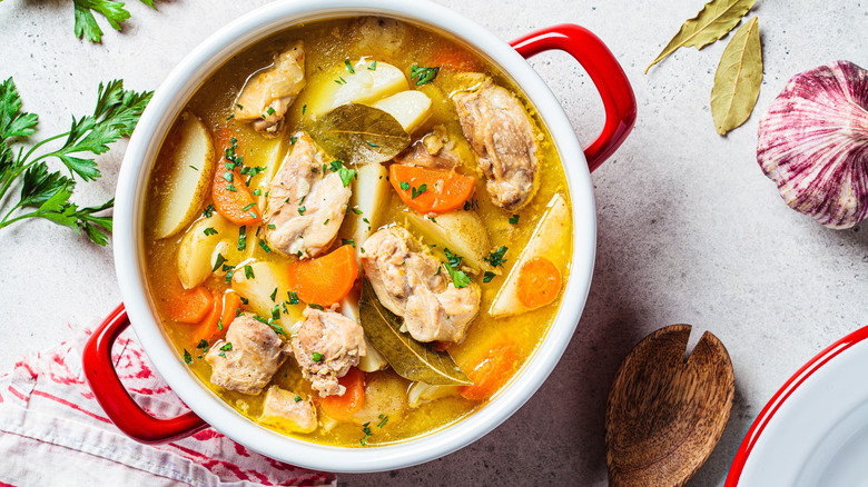 Pot of chicken soup with potatoes and carrots