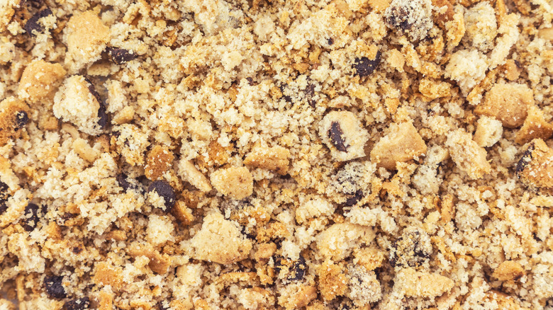 Close-up of chocolate chip cookie crumbles