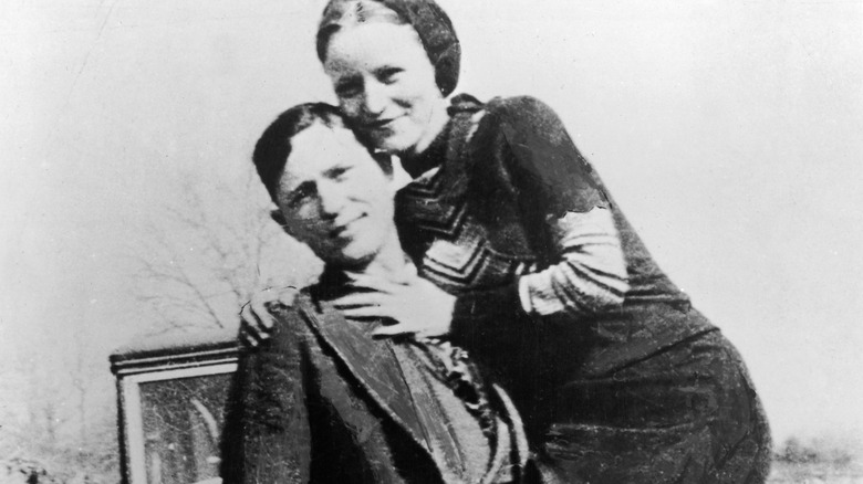 Black and white photo of Bonnie and Clyde