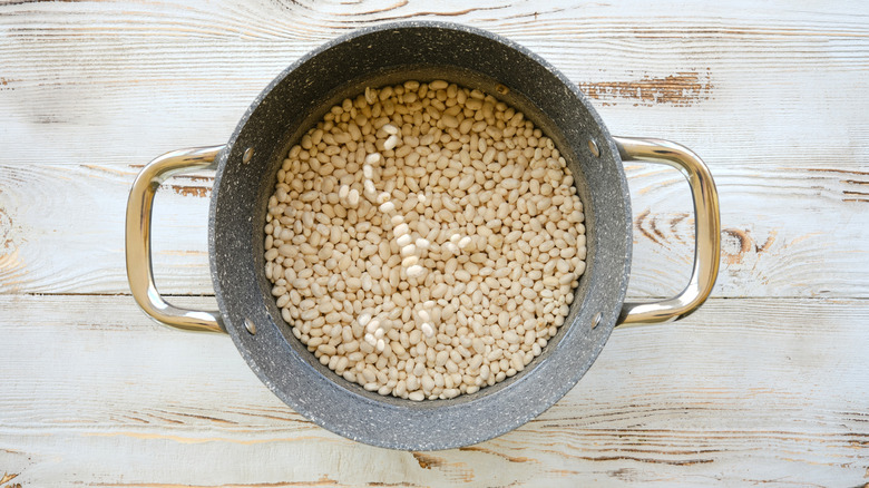 white beans soaking in a grey pot of water