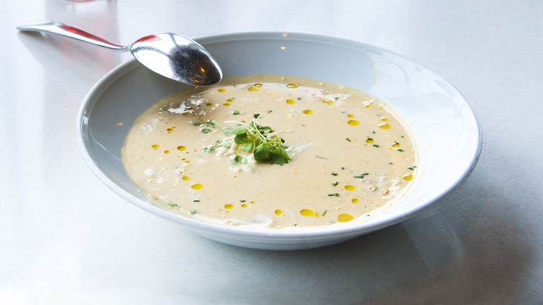 White bowl of she-crab soup and spoon on rim