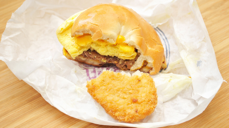 an eaten steak bagel