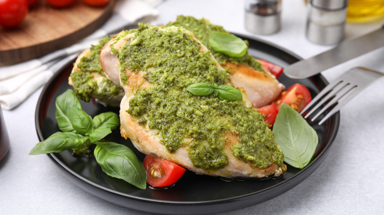 Chicken breast coated with pesto