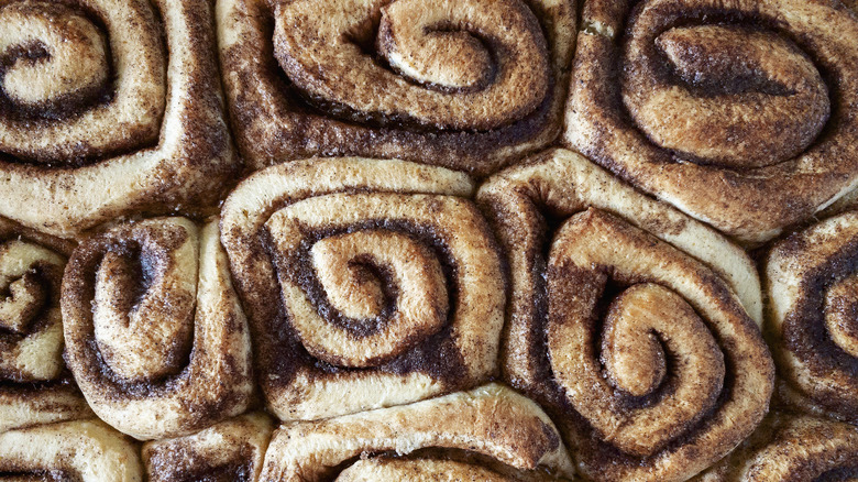 A top view of baked cinnamon rolls