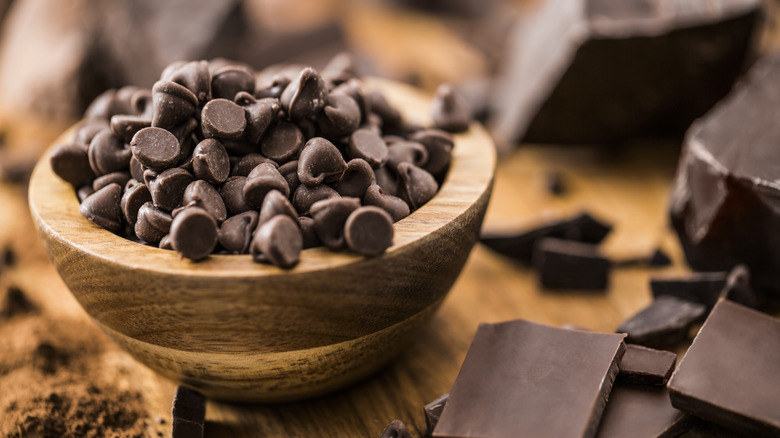 A pile of semi sweet chocolate chips in a bowl.