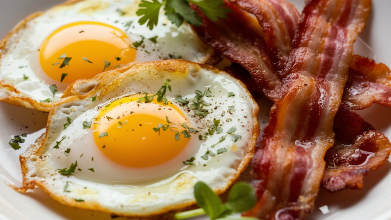 Two round fried eggs on a plate with bacon and herbs