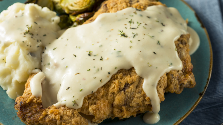 Plate of chicken fried steak and mashed potatoes