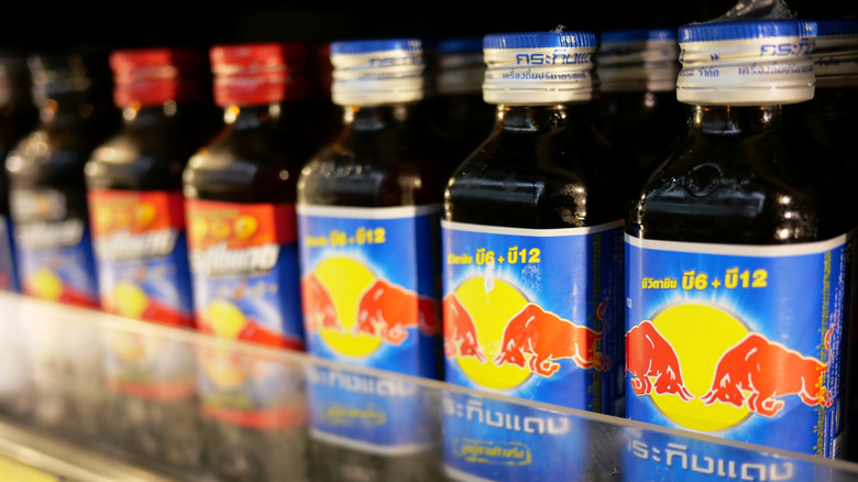 Bottles of Krating Daeng on a shelf