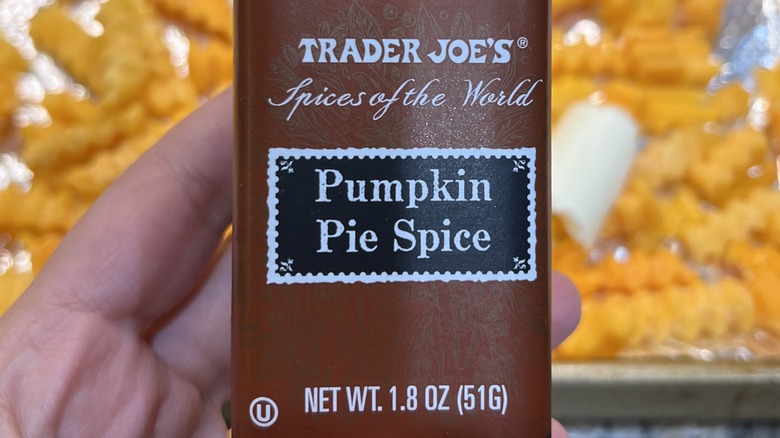 hands holding trader joe's pumpkin pie spice over tray of crinkle cut fries