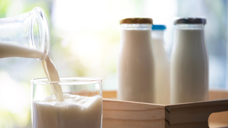 milk being poured from a glass bottle into a rocks glass