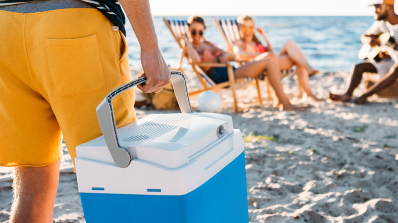 people on beach with cooler