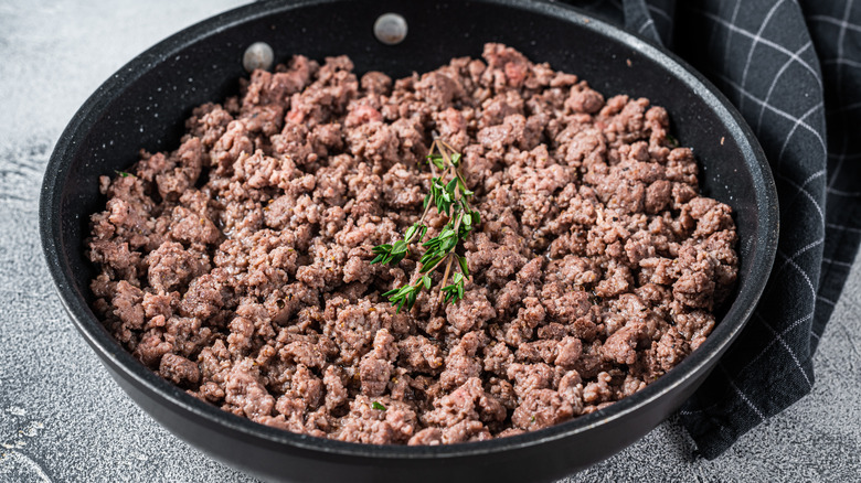 Cooked meat in pan