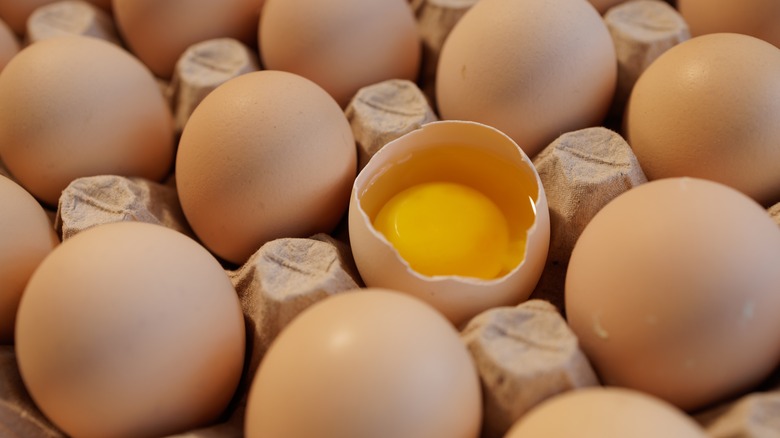 Close up of brown eggs with an open shell showing yolk