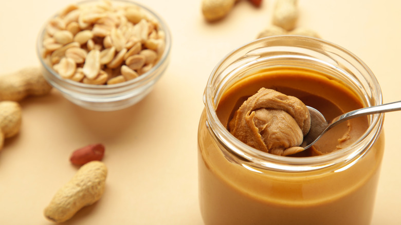 A jar of opened peanut butter