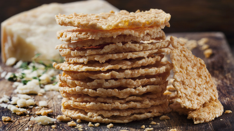 A stack of parmesan cheese crisps