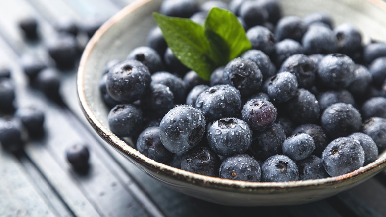 A bowl of fresh blueberries in a ceramic bowl.