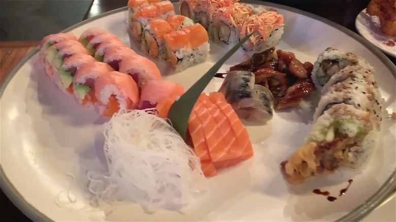 An assortment of Sushi Palace's dishes on one plate