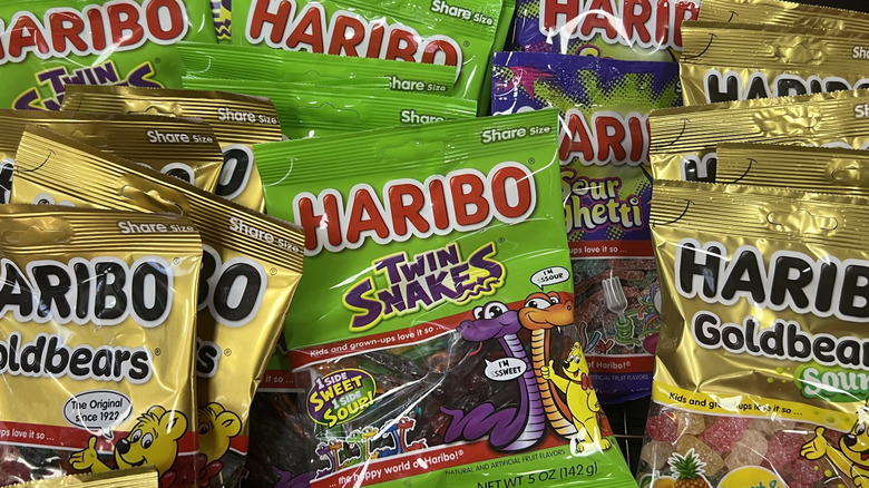 piles of various Haribo gummy candy flavors