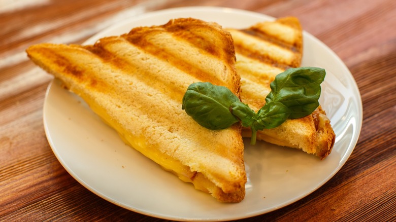 Grilled cheese sandwich on a plate.