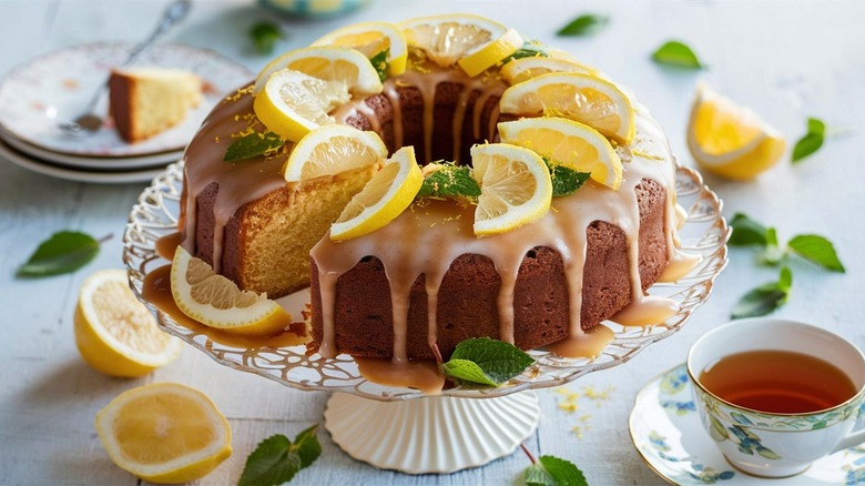 lemon sponge cake with a cup of tea