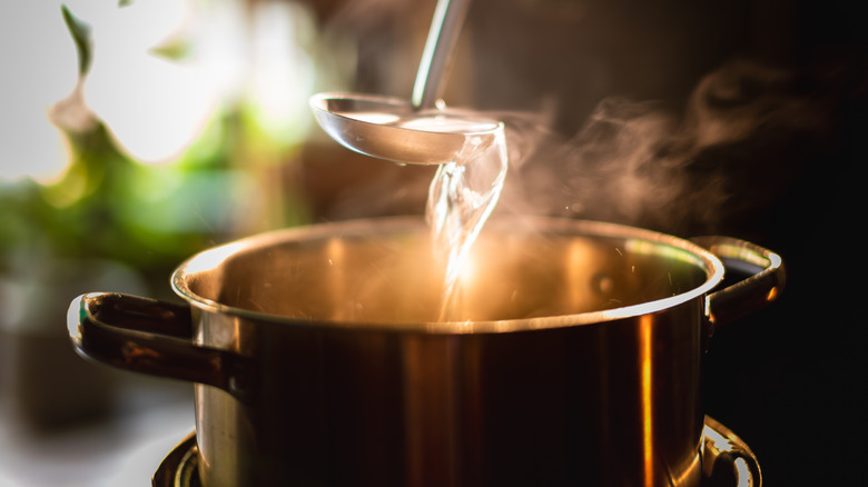 A ladle scooping hot soup from a pot