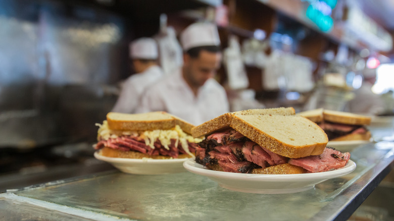 Katz's pastrami sandwich on the deli's counter.