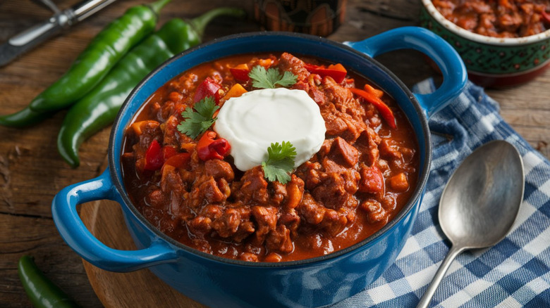 A hot bowl of chili con carne on a table with a spoon and green chiles