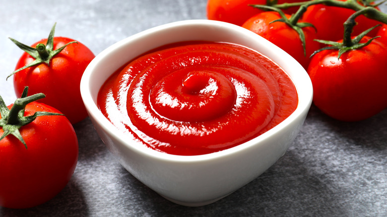 A white dish of tomato ketchup surrounded by fresh tomatoes