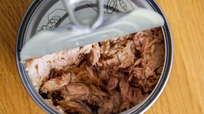 close up of tuna in can with the lid peeled back