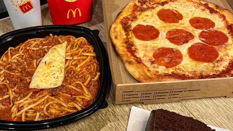 McDonald's pizza and pasta dishes at Epic McD, largest branch in the world, in Orlando, Florida