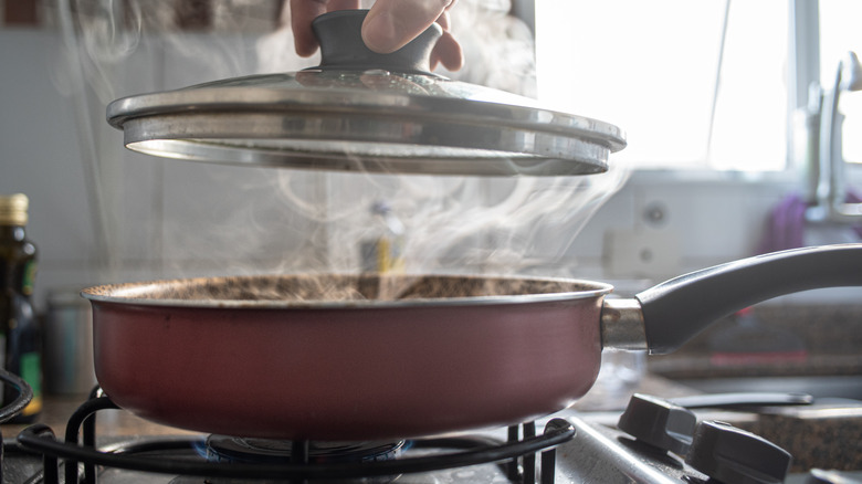 a lid lifted off a pan