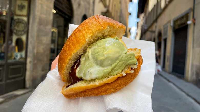 pistachio gelato sandwiched by brioche