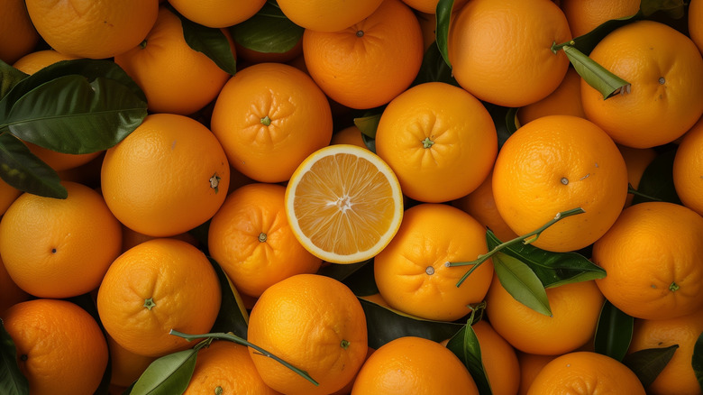 Oranges in a pile with few leaves.