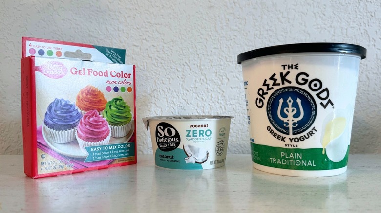 gel food dye package of four, individual sized coconut yogurt, and large tub of greek yogurt