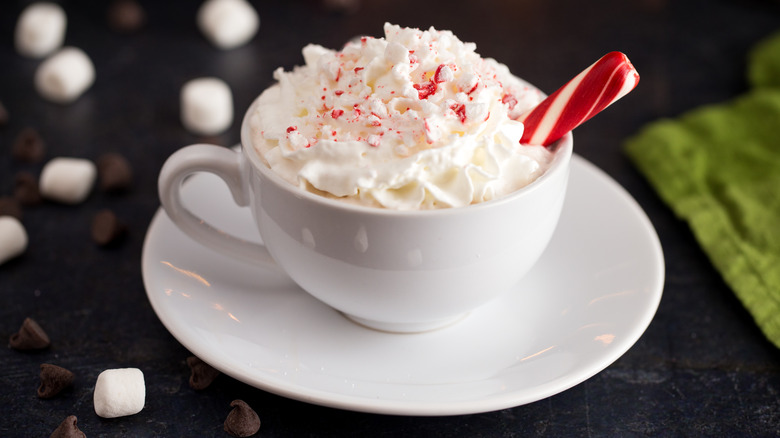 hot drink topped with whipped cream and a candy cane