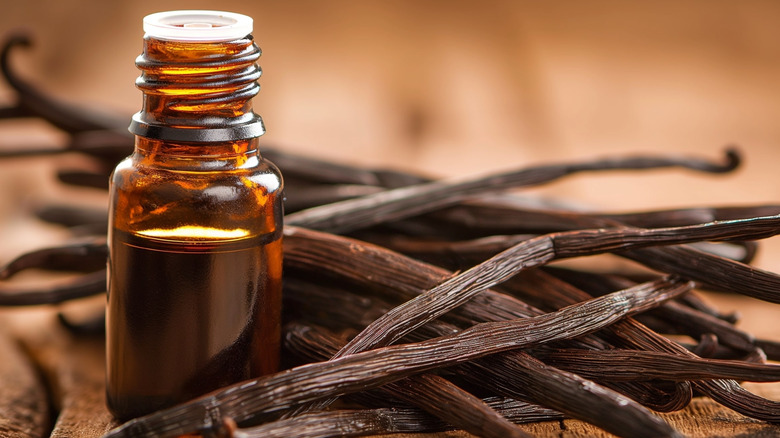 Bottle of vanilla extract and whole vanilla beans