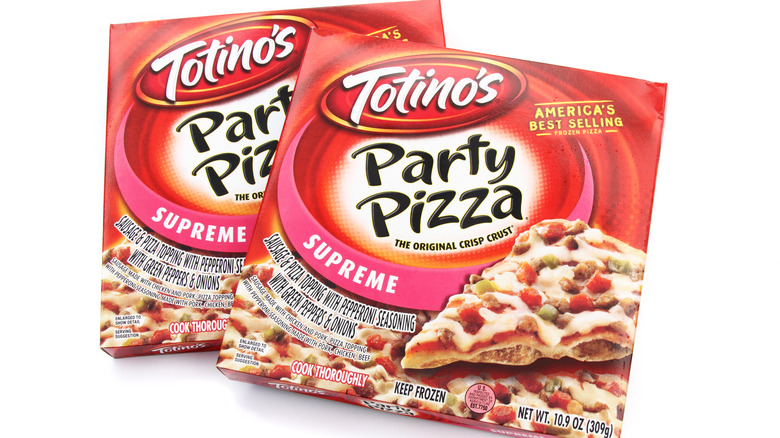 Two Totino's party pizza boxes on a white background