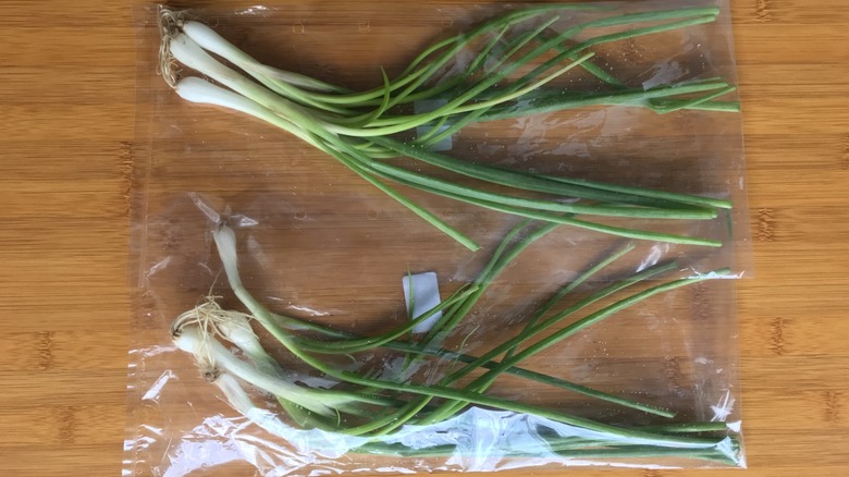 scallion in a bag on bamboo