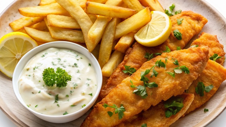 A plate of fish and chips with lemon and tartar sauce.