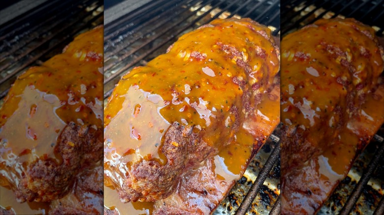 Meatloaf coated with Carolina barbecue sauce