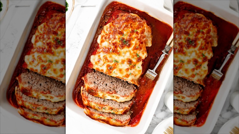 Marinara meatloaf in white casserole dish