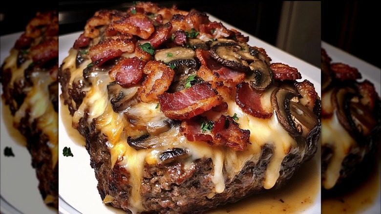 Meatloaf with white sauce, bacon, and mushrooms