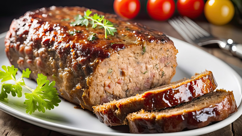 Meatloaf with barbecue sauce on white plate